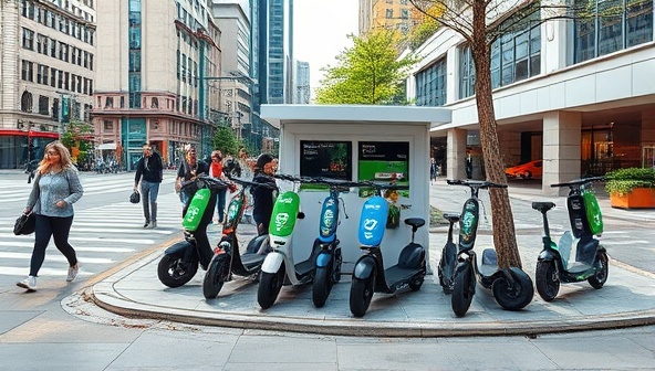 An urban scene with a bustling street corner showcasing a vibrant electric scooter rental station with a variety of scooters available for rent, surrounded by pedestrians and cyclists, illustrating convenience and eco-friendly mobility options.