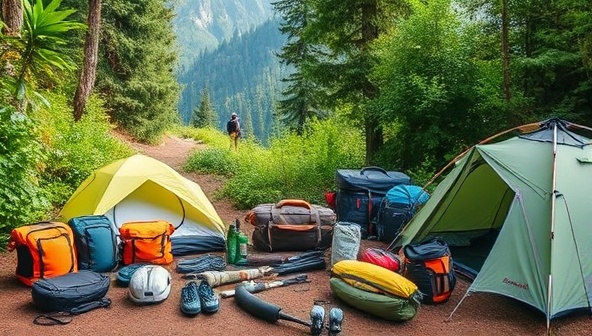 An assortment of high-quality and earth-friendly travel gear displayed in a natural setting, surrounded by lush greenery, hiking trails, and camping tents, showcasing the durability and eco-consciousness of the rental service.