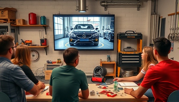 An interactive online classroom setting featuring a diverse group of students watching a car maintenance tutorial on a large screen, with tools and car parts scattered around, creating a dynamic and engaging learning environment at the Online Car Maintenance Academy.