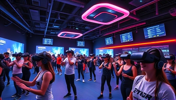 An energetic fitness arena filled with participants wearing VR headsets and engaging in virtual workouts or sports simulations, with digital displays showing real-time performance metrics and motivational messages, creating a dynamic and futuristic fitness environment that blends technology and exercise seamlessly.