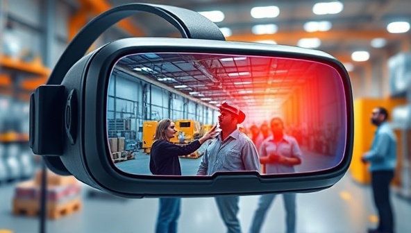 A futuristic VR headset displaying a vibrant manufacturing facility with virtual tour guides interacting with users, highlighting the immersive and educational experience of the platform.