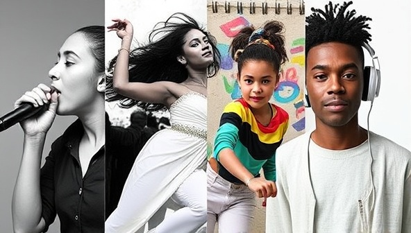 An artistic collage of various talents, such as a singer, a dancer, a painter, and a digital creator, symbolizing diversity and creativity in talent representation.