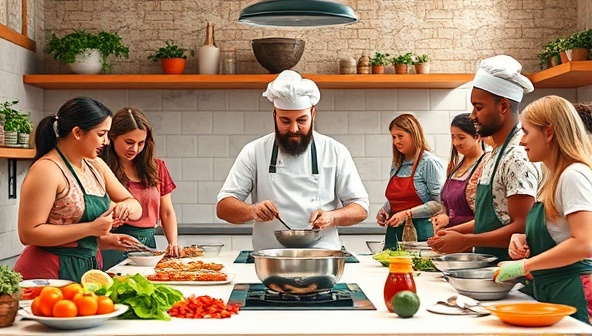 A vibrant and dynamic virtual cooking class environment with a diverse group of participants following a chef's instructions, surrounded by fresh ingredients and cooking utensils, creating a fun and interactive online cooking experience.