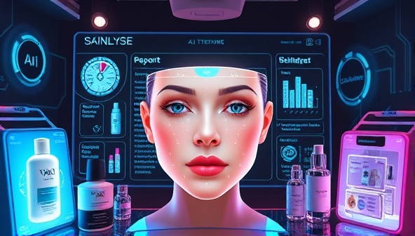 An innovative AI skincare analysis tool displaying a detailed skin assessment report with personalized product recommendations and skincare routines, surrounded by futuristic digital interfaces and skincare tech gadgets, showcasing the power of AI-driven beauty solutions.