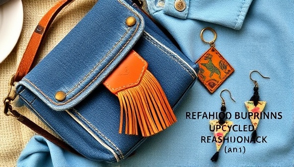 A chic and trendy fashion flat lay featuring upcycled fashion accessories from ReFashio Trends, including a stylish denim bag, leather keychain, and vintage fabric earrings, showcasing the unique and eco-friendly nature of the accessories.