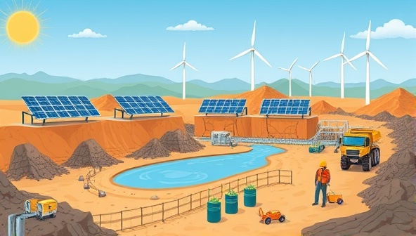 An illustration of a mining site with solar panels and wind turbines in the background, clean water recycling systems, and miners using eco-friendly equipment, showcasing the integration of sustainable practices in mining operations.
