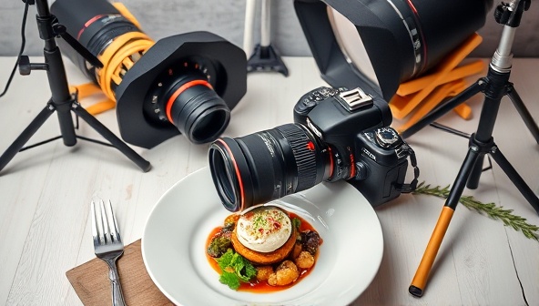 An artistic image of a beautifully styled food photography set-up on PixelPalate, featuring a DSLR camera capturing a perfectly plated dish, surrounded by props and lighting equipment, showcasing the artistry and precision of food photography education.