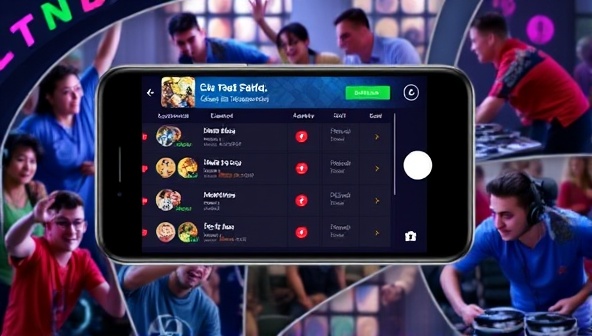 A smartphone displaying a mobile game tournament interface with leaderboards, match schedules, and prizes, surrounded by images of diverse gamers competing enthusiastically, symbolizing competition and fun.
