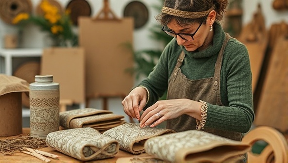 An artisan at work in a studio, handcrafting eco-friendly packaging with intricate designs and natural textures, highlighting the blend of creativity and sustainability in GreenWrap Artistry's packaging solutions.