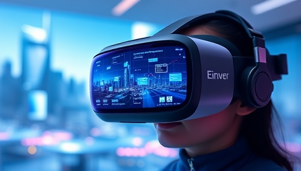A VR headset displaying the FinVR Empower virtual reality experience with a user navigating through financial simulations, interactive challenges, and educational scenarios, surrounded by futuristic financial landscapes and visual cues, conveying innovation and immersive learning in financial education.
