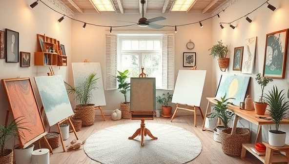 A serene virtual studio space filled with art supplies, calming colors, and cozy decor, where participants engage in therapeutic art activities led by a compassionate art therapist, fostering a sense of tranquility and emotional release through creativity.