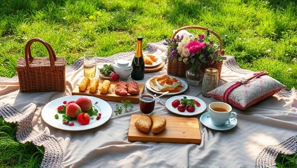 A picturesque outdoor setting with a beautifully arranged picnic spread on a stylish blanket, complete with gourmet treats, floral decorations, and elegant tableware, evoking a sense of luxury and leisure in nature.