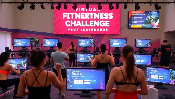 An energetic virtual fitness challenge event showcasing participants from different locations engaging in a high-intensity workout session, with progress trackers and leaderboards displayed on screens, fostering a sense of community and competition among fitness enthusiasts.