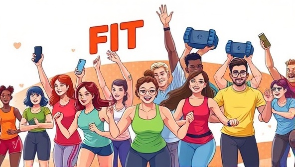 An energetic and dynamic digital illustration of people of diverse backgrounds and ages engaging in virtual fitness challenges together, showcasing teamwork, motivation, and a sense of accomplishment, inspiring others to join the community.