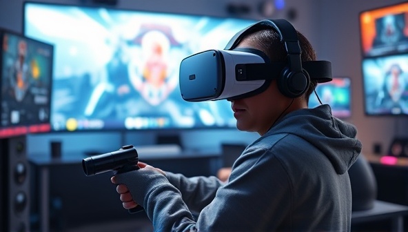 An online virtual reality gaming setup featuring a futuristic VR headset, controllers, and sensory feedback devices, surrounded by a digital gaming environment with immersive visuals and interactive elements, creating an exciting and engaging virtual gaming experience.