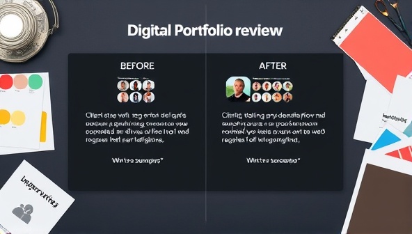An interactive digital portfolio review platform showcasing before-and-after design improvements, client testimonials, and portfolio success stories, surrounded by design elements like color swatches and typography samples, symbolizing growth, professionalism, and portfolio enhancement in web design.
