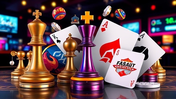 An artistic representation of diverse skill games like chess pieces, poker cards, and esports logos intertwining in a digital casino setting, symbolizing the fusion of skill-based gaming and gambling excitement in SkillBet Casino.
