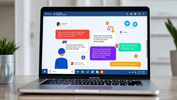 An engaging chatbot interface on a laptop screen interacting with a user about website design, featuring colorful dialogue bubbles and design elements, showcasing the interactive and user-friendly nature of the chatbot consultancy service.
