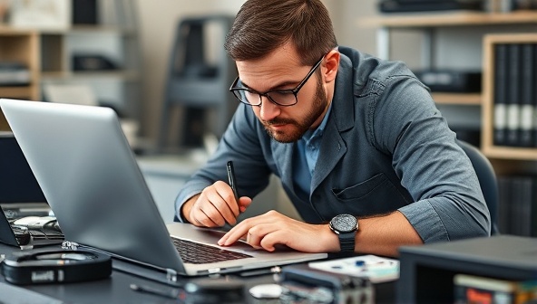 An expert technician working on a laptop repair with precision tools and a magnifying glass, surrounded by various tech devices awaiting repair, conveying professionalism and expertise in tech services.