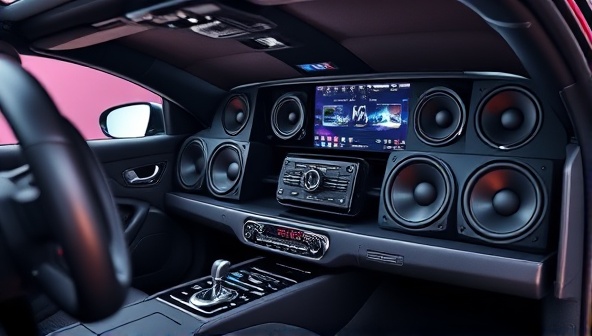 An artistic representation of a car interior with an advanced audio system setup, showcasing high-end speakers, amplifiers, and a sleek control interface, highlighting the fusion of technology, music, and automotive aesthetics.
