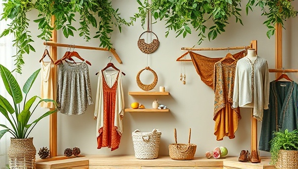 An online fashion marketplace featuring a diverse collection of ethically made clothing items, accessories, and jewelry, displayed in a visually appealing and eco-friendly virtual environment, reflecting the values of sustainability and conscious consumerism.