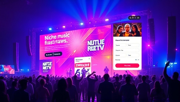 An artistic representation of a visually striking microsite designed for a niche music festival, featuring vibrant colors, interactive elements, and a seamless user experience that captures the essence of the event in a single webpage snapshot.