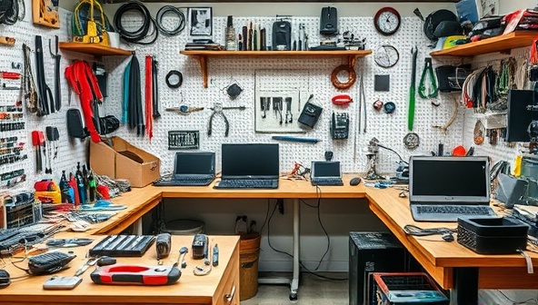 A tech repair and upcycling studio workspace filled with electronic tools, spare parts, and upcycled tech accessories, displaying a mix of creativity and innovation in repurposing old gadgets and devices into new and functional items.