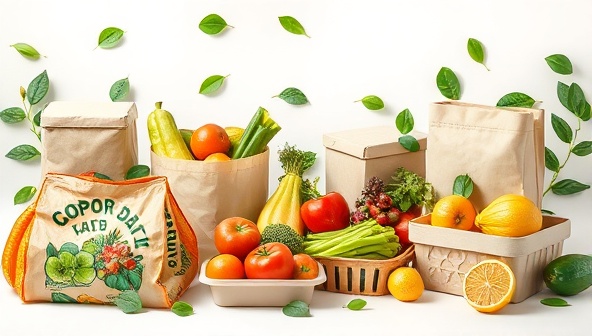 An artistic representation of biodegradable agricultural packaging materials, featuring compostable bags, trays, and containers adorned with fresh produce and green leaves, conveying a message of sustainability and environmental responsibility in the agriculture sector.
