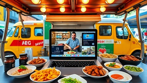 An immersive virtual food truck setup with a laptop streaming a live cooking demo, colorful food trucks in the background, and a diverse selection of street food dishes, capturing the essence of global culinary exploration through Roaming Flavors Adventure.