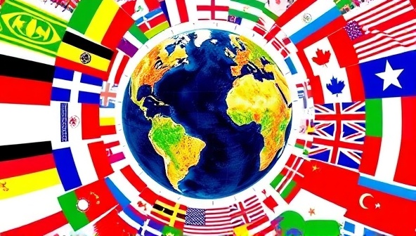 A vibrant digital globe surrounded by diverse language flags, symbolizing global connections and multicultural communication.