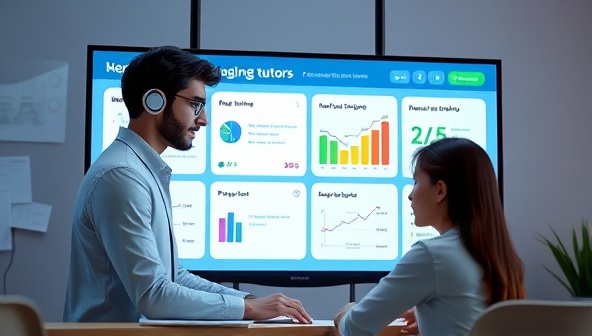 An AI-powered tutor avatar interacting with a student on a virtual screen, displaying personalized study recommendations and progress tracking, illustrating the technology-driven and adaptive nature of the tutoring platform.