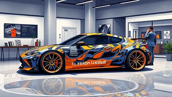 An artistic rendering of a customized luxury vehicle with a striking exterior wrap and custom rims, parked in a showroom setting with studio designers discussing design options with a client, illustrating the bespoke and premium nature of RevampRides Creations' services.