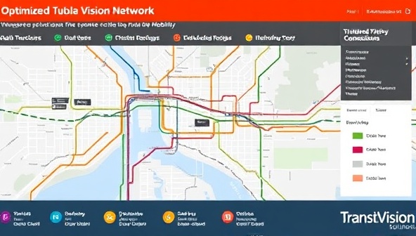A digital map visualization of an optimized public transport network with efficient bus routes, train connections, and multi-modal transit options, illustrating the advanced planning capabilities and user-friendly designs offered by TransitVision Solutions, with a focus on sustainable urban mobility.