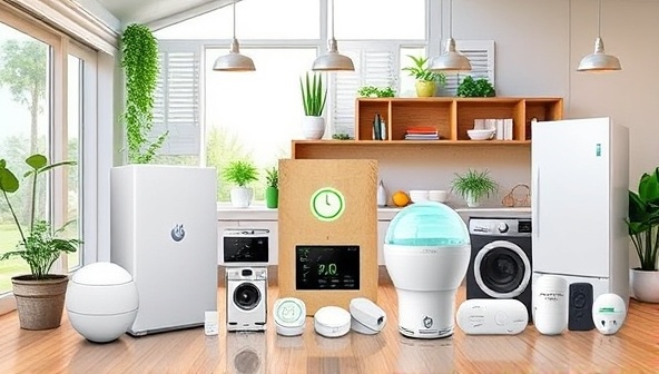 An artistic representation of EcoSmart Kits showcasing a variety of smart devices, sensors, and eco-friendly appliances packaged together in a sustainable and modern home setting, illustrating the concept of energy-efficient home automation solutions.