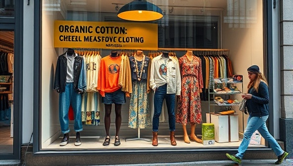 A vibrant storefront window display showcasing trendy sustainable clothing items made from organic cotton, recycled denim, and biodegradable materials, attracting eco-conscious shoppers passing by.