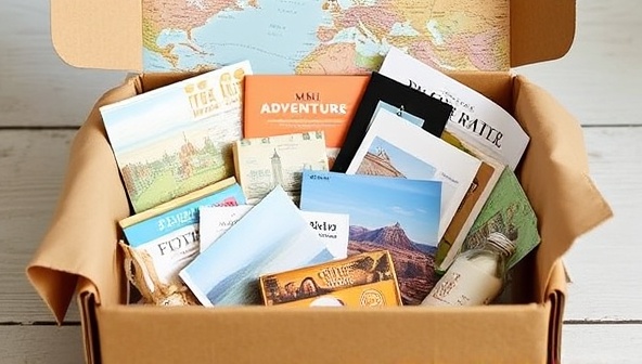 A beautifully designed subscription box overflowing with travel essentials like maps, local snacks, postcards, and a mini adventure guide, evoking a sense of wanderlust and excitement for exploration.