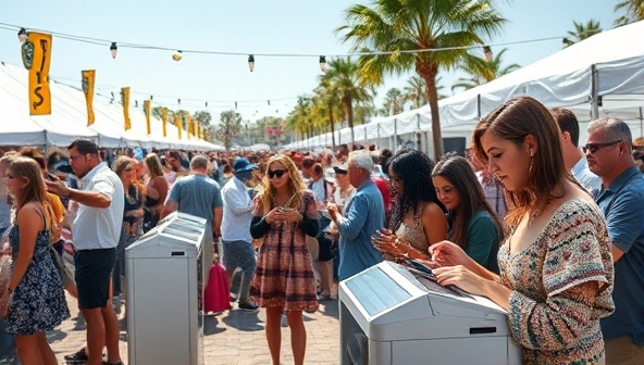 An outdoor event scene showcasing a vibrant festival with people of diverse backgrounds happily charging their devices at sleek, solar-powered charging stations under the sun, emphasizing sustainability and convenience.