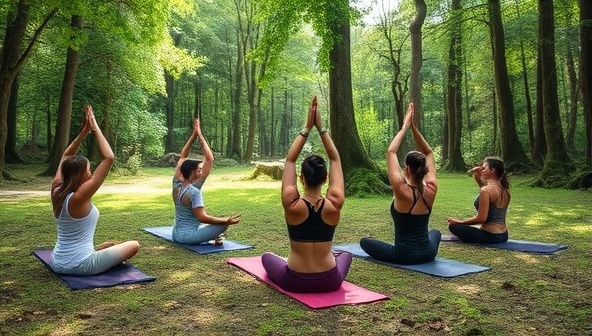 A tranquil nature retreat setting featuring a peaceful yoga session in a lush forest clearing, with guests practicing mindful meditation, stretching exercises, and relaxation techniques amidst the serene natural surroundings, creating a harmonious and rejuvenating wellness escape.