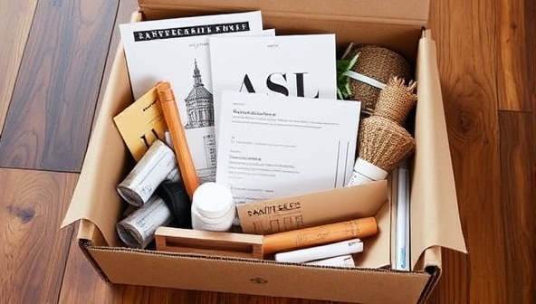 An elegantly designed subscription box filled with architectural samples, design elements, and creative tools, neatly arranged and presented in a visually appealing and enticing manner, evoking a sense of anticipation and inspiration for subscribers opening the box.