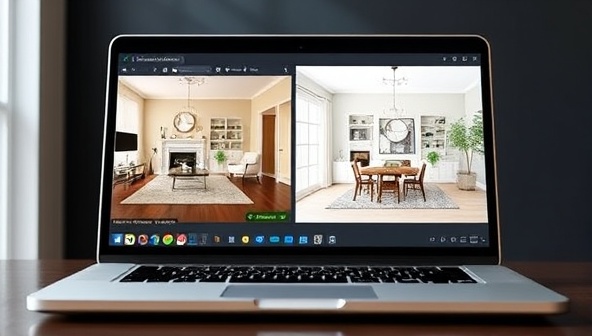 A laptop displaying a virtual room design software interface, with a split-screen showing a living room before and after virtual redecoration, complete with new furniture arrangements, color schemes, and decor accents, illustrating the transformative power of virtual design consultations.