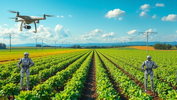 A digital montage showcasing a futuristic farm landscape with robotic farmhands, drone surveillance, and smart irrigation systems, symbolizing the integration of technology and agriculture, and the future of sustainable farming practices.