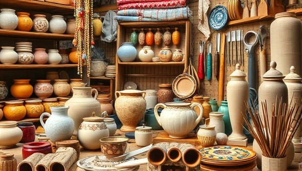 An artistic collage of handmade items such as pottery, textiles, and jewelry displayed on a virtual marketplace, surrounded by tools and crafting materials, evoking a sense of creativity, craftsmanship, and community in the artisanal world.