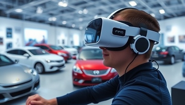 A futuristic image showcasing a person wearing a VR headset, immersed in a digital car showroom environment with lifelike car models, interactive displays, and a virtual test drive simulation, capturing the cutting-edge and immersive nature of the VirtuDrive Auto Showcase platform.