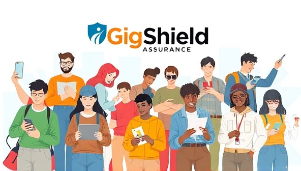 An illustration of a diverse group of gig workers engaged in various freelance activities, with GigShield Assurance branding prominently displayed, conveying inclusivity and tailored insurance solutions for gig economy professionals.