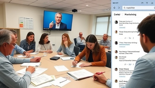 A virtual workshop setting with participants engaged in lively discussions, writing on notepads, and sharing ideas on a digital platform, illustrating a dynamic and collaborative learning environment.