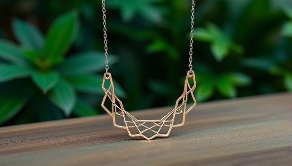 An elegant 3D-printed necklace displayed on a wooden table with lush greenery in the background, showcasing the fusion of technology and nature in sustainable fashion.