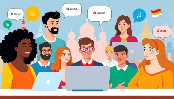 A vibrant and colorful digital illustration showcasing diverse individuals engaging in a virtual language exchange session, with speech bubbles in different languages, world landmarks, and cultural symbols in the background, symbolizing global communication and language diversity.