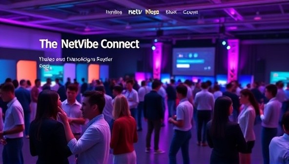 A digital interface showcasing the NetVibe Connect platform with virtual avatars networking in a vibrant virtual event space, illustrating the seamless and engaging networking experience offered by the platform.