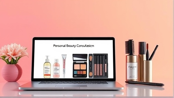 A vibrant virtual beauty consultation setup with a sleek laptop displaying skincare products, makeup palettes, and hair tools, symbolizing personalized beauty advice and digital connection.