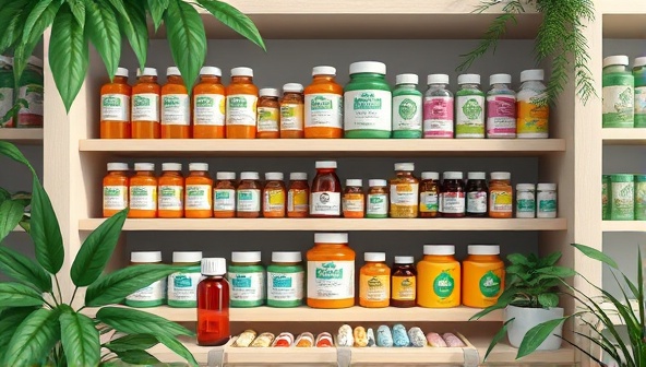An artistic rendering of a pharmacy shelf stocked with vibrant, biodegradable pill bottles and compostable packaging, surrounded by lush greenery and nature elements, symbolizing the harmony between healthcare and environmental sustainability.